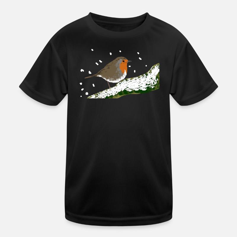 Rotkehlchen Wintermotiv Schnee Vogel Ast Kinder Funktions-T-Shirt