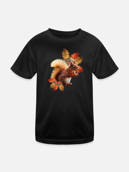 Motif écureuil avec feuilles de chêne, femme d’automne - T-shirt sport Enfant - noir - Devant