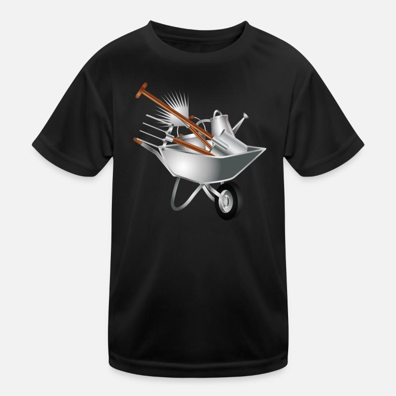 verschiedene Gartengeräte in einer Schubkarre Kinder Funktions-T-Shirt