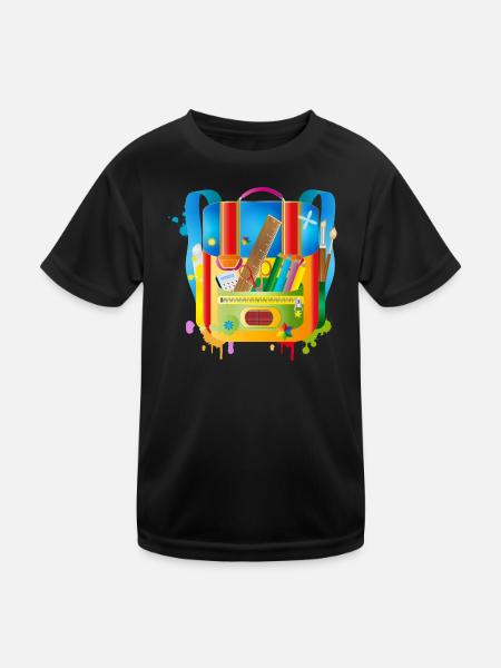 kunterbunter Schulranzen mit Schulzubehör - Kinder Funktions-T-Shirt - Schwarz - Vorne