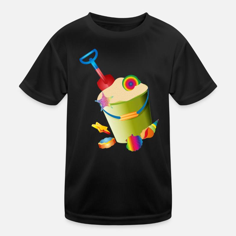 Sand toys on the beach with colorful shells Kids Functional T-Shirt
