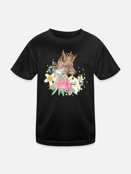 Fox with golden crown and beautiful lilies - Kids Functional T-Shirt - black - Front