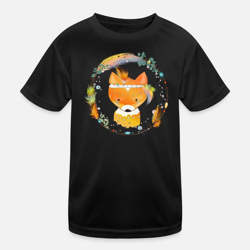 small fox with feather decoration in ethno frame Kids Functional T-Shirt