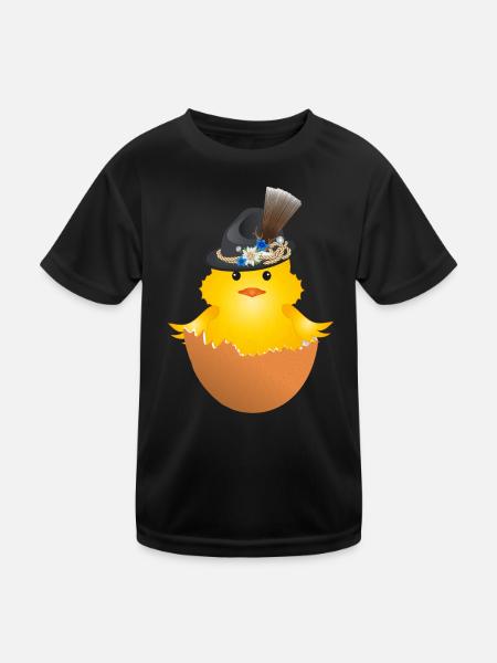 bayerisches Küken mit Trachtenhut in Eierschale - Kinder Funktions-T-Shirt - Schwarz - Vorne