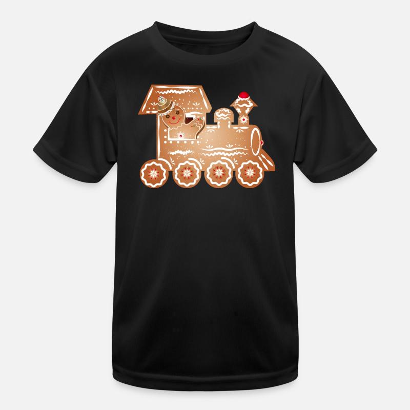 Gingerbread man as train driver in the gingerbread train - Kids Functional T-Shirt - black