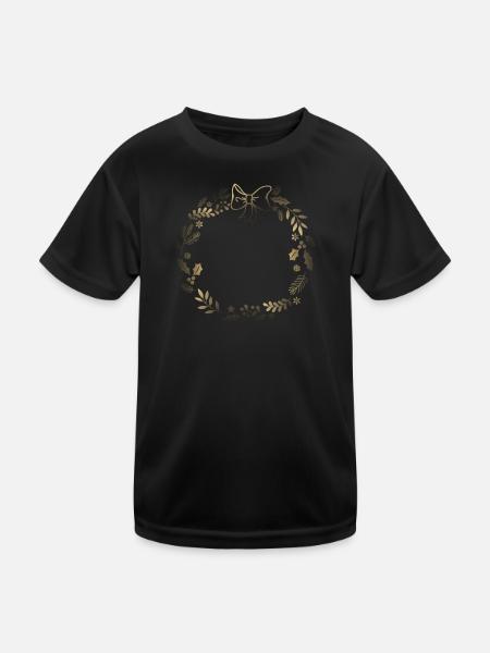 Golden festive wreath with ribbon - Kids Functional T-Shirt - black - Front