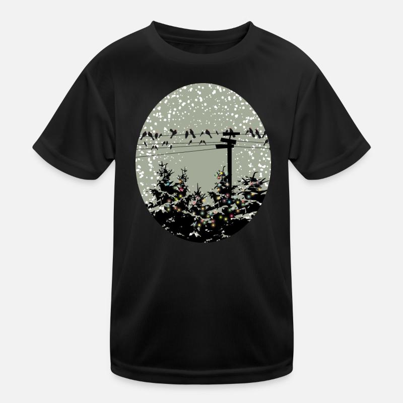 Vögel auf Stromleitung über beleuchtete Bäume Kinder Funktions-T-Shirt