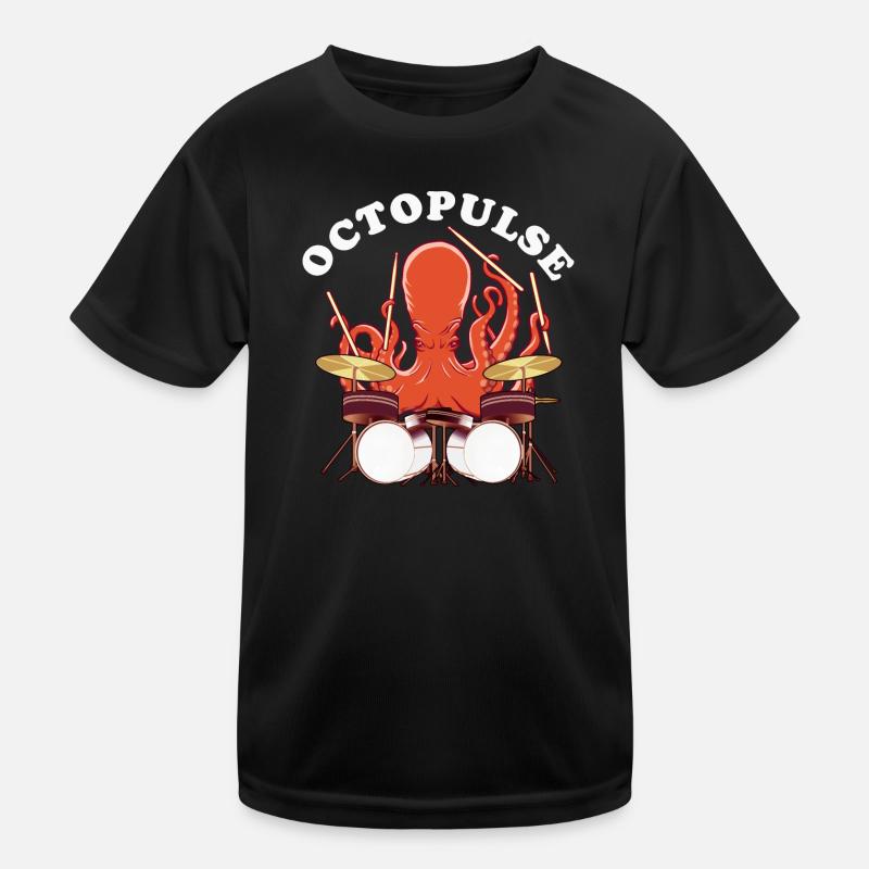 OctoPULSE | Octopus playing drums - Kids Functional T-Shirt - black