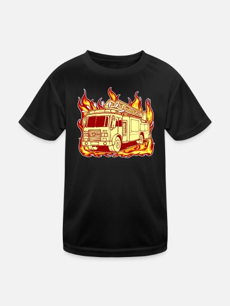 Feuer Brennen Feuerwehr Feuerwehrauto Brandschutz - Kinder Funktions-T-Shirt - Schwarz - Vorne