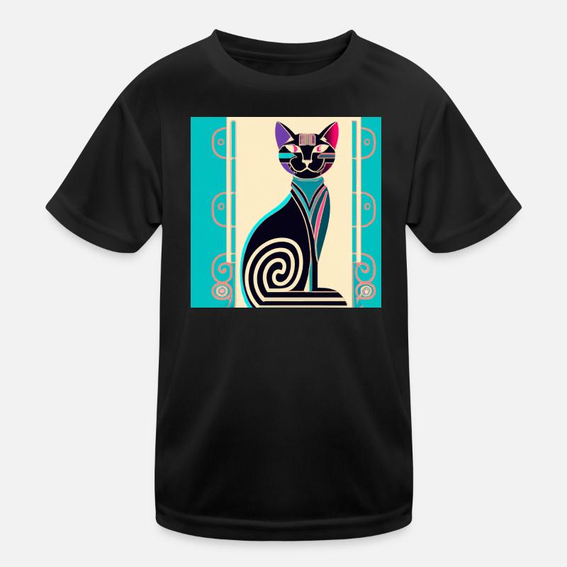 Neon Spiral Cat Art Deco - Kids Functional T-Shirt - black
