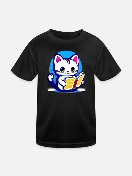 Katze liest ein Buch - Kinder Funktions-T-Shirt - Schwarz - Vorne
