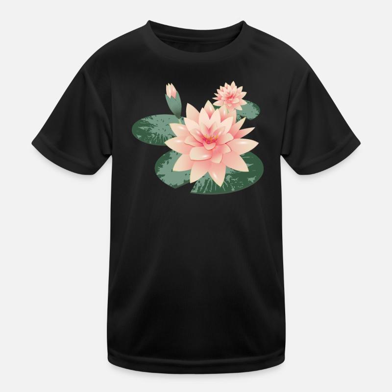 Two water lily blossoms with bud in lily pond Kids Functional T-Shirt