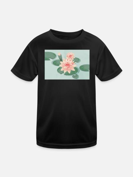 Water lily blossoms with bud in water lily pond - Kids Functional T-Shirt - black - Front