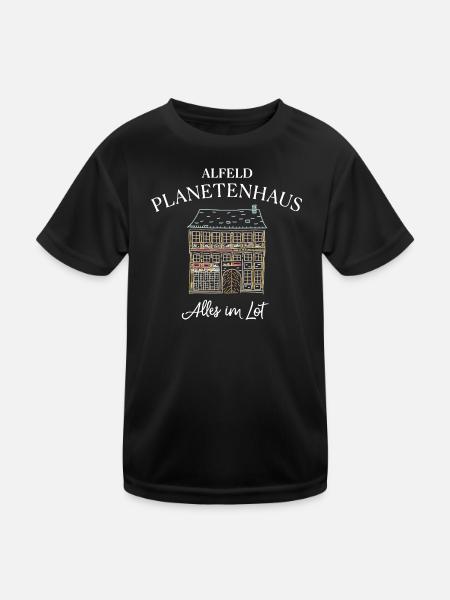 Alfeld Leine, Planetenhaus, Alles im Lot - Kinder Funktions-T-Shirt - Schwarz - Vorne