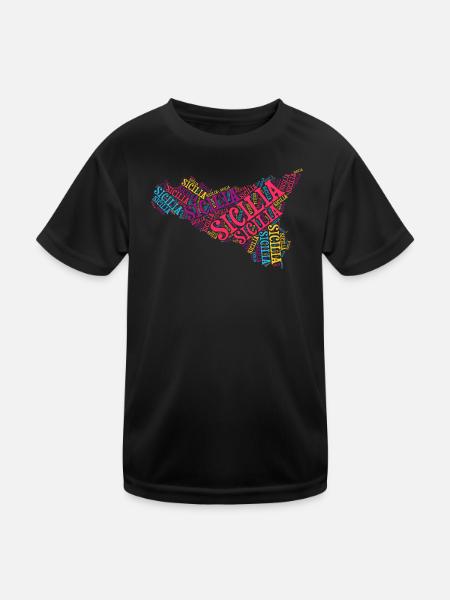 Sizilien T-Shirt Karte Wortwolke Trinacria - Kinder Funktions-T-Shirt - Schwarz