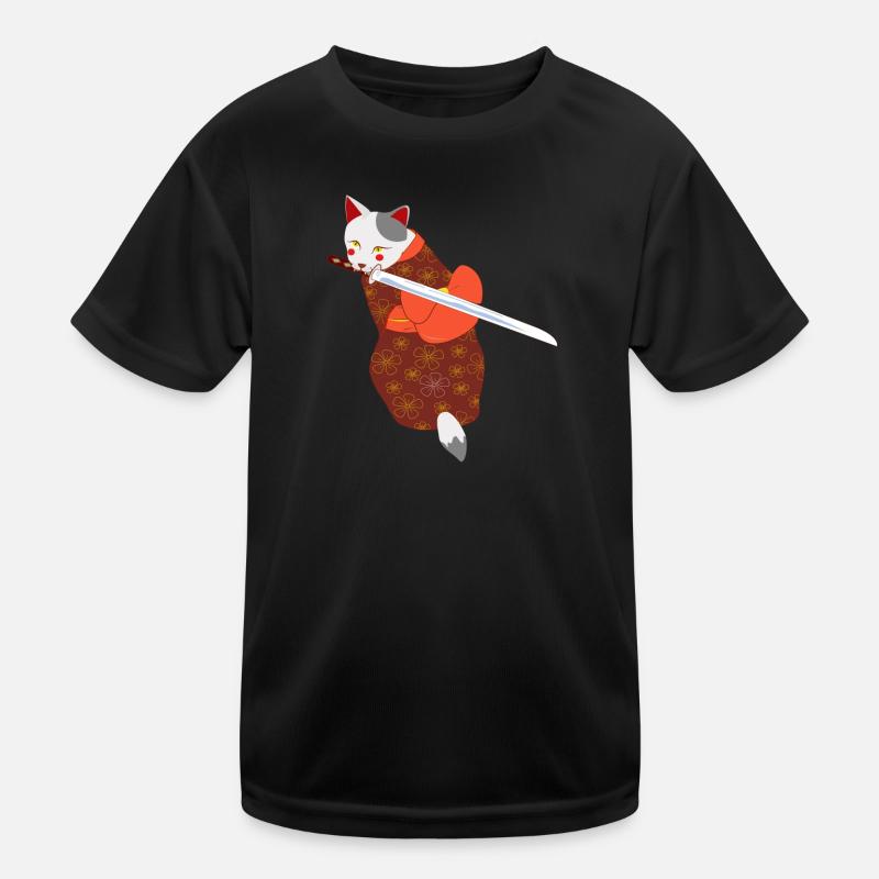 cat in kimono biting sword Kids Functional T-Shirt