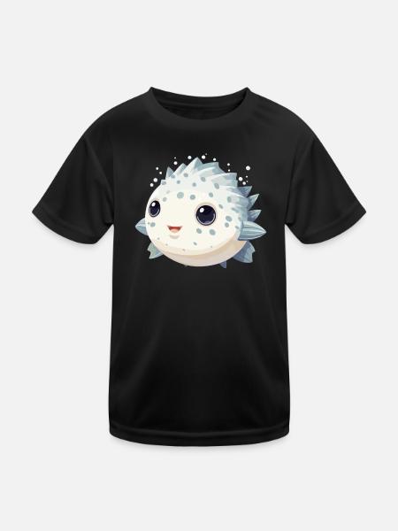 Cute Kawaii Puffer Fish Fugu - Kids Functional T-Shirt - black