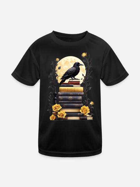 Bücherstapel mit Rabe - Kinder Funktions-T-Shirt - Schwarz