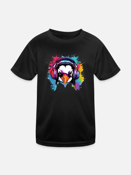 Penguin with headphones, penguins, animals, zoo animals - Kids Functional T-Shirt - black