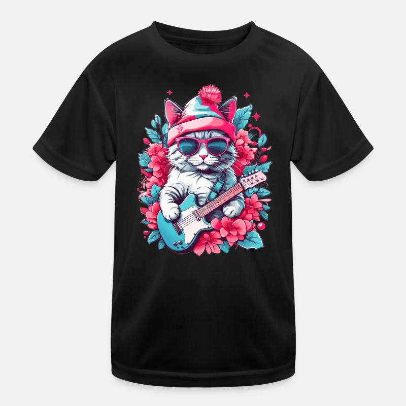 Süße Katze mit Gitarre - Kinder Funktions-T-Shirt - Schwarz