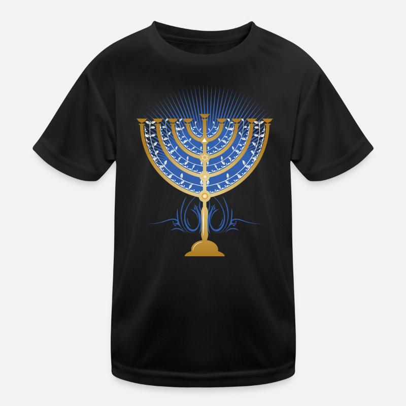 gold-colored Hanukkah candlestick with blue rays Kids Functional T-Shirt
