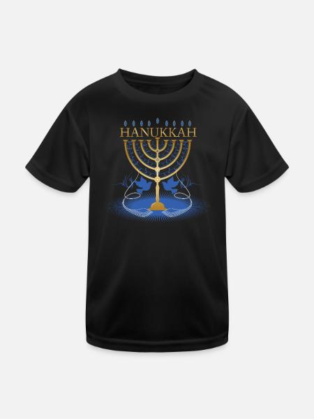gold-colored Hanukkah candlestick with two doves - Kids Functional T-Shirt - black