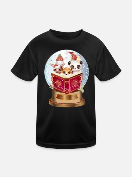 Tiere lesen in einer Schneekugel zu Weihnachten - Kinder Funktions-T-Shirt - Schwarz - Vorne