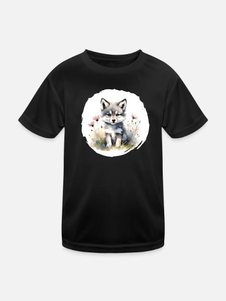 Wölfchen Aquarell - Kinder Funktions-T-Shirt - Schwarz - Vorne