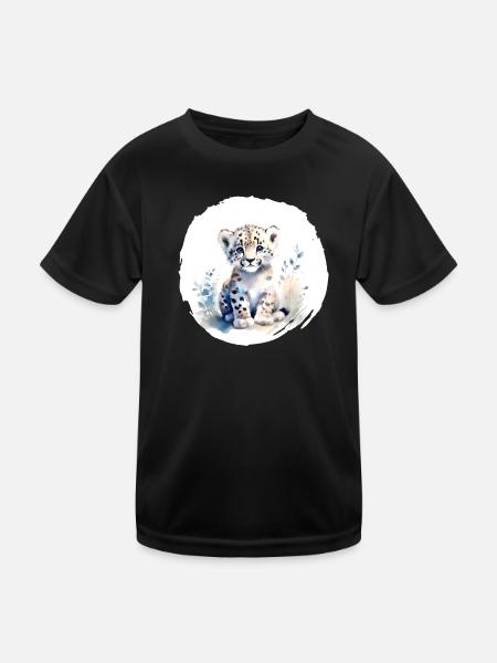 Schneeleopard Aquarell - Kinder Funktions-T-Shirt - Schwarz - Vorne