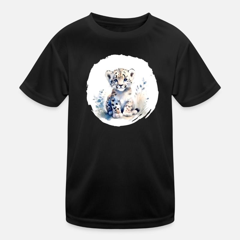 Schneeleopard Aquarell - Kinder Funktions-T-Shirt - Schwarz