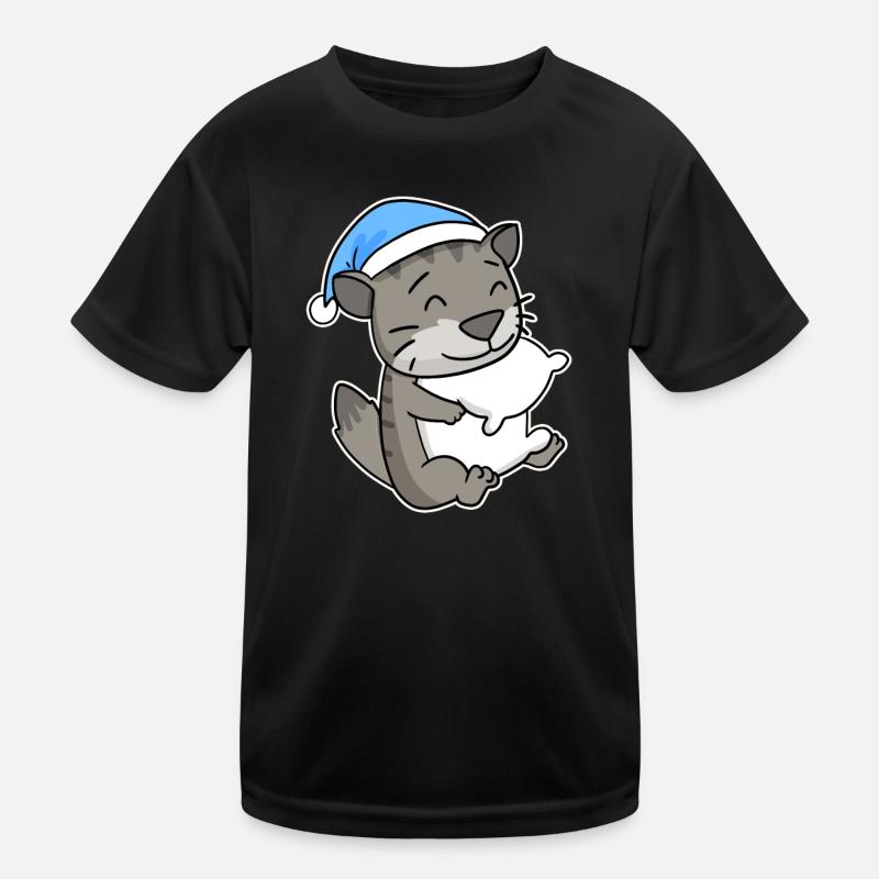 Sleeping Tired - Cat with Pillow and Sleepy Cap Kids Functional T-Shirt