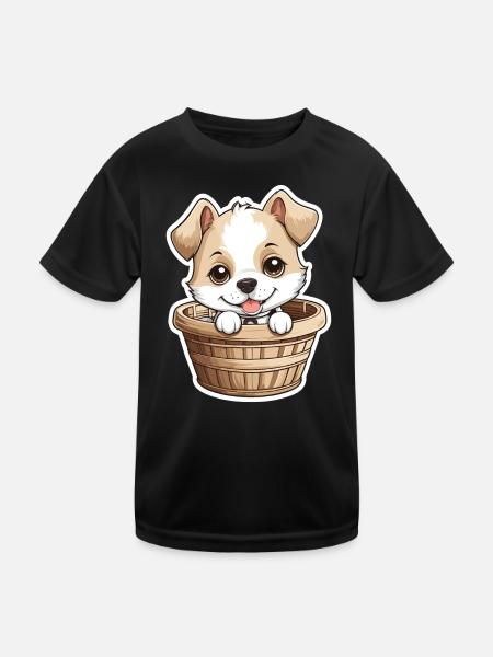 Cute dog in dog basket - Kids Functional T-Shirt - black - Front