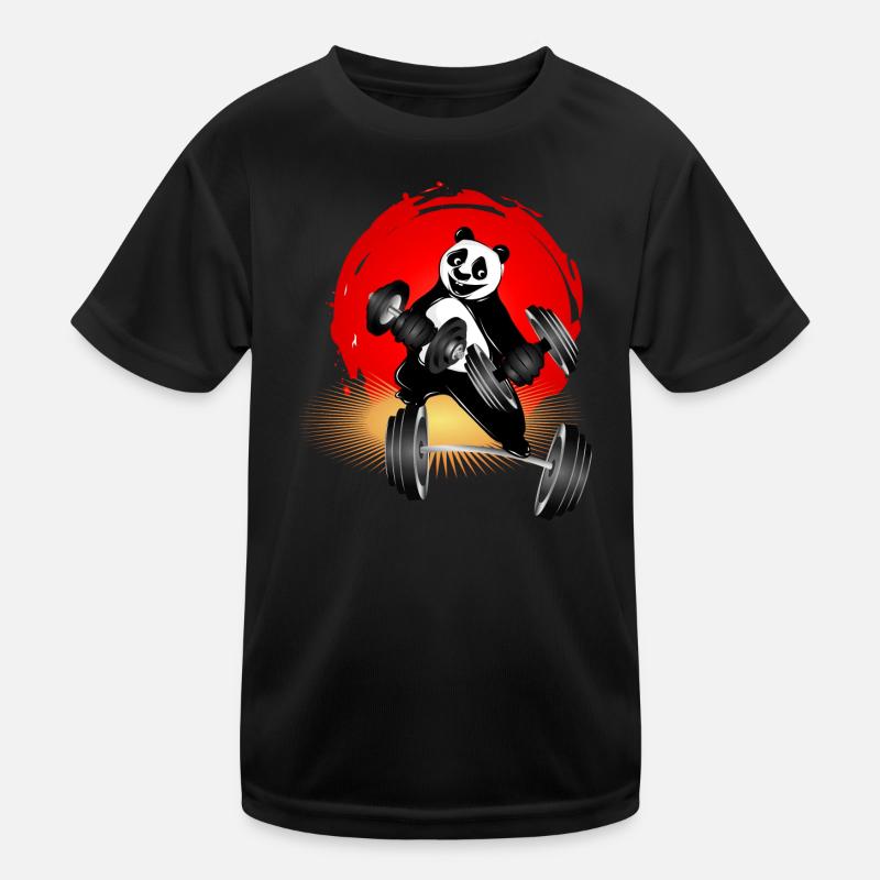 Bodybuilder Panda Bär mit Hanteln beim Training - Kinder Funktions-T-Shirt - Schwarz