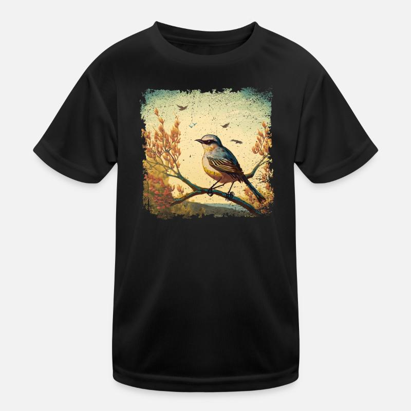 Vogel sitzt auf Ast, mediterraner Hintergrund Kinder Funktions-T-Shirt