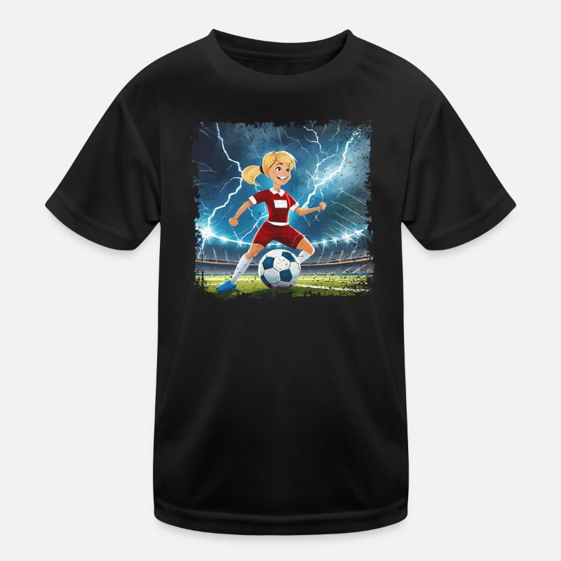 Fussballerin Comicfigur Stadion mit Blitzen Kinder Funktions-T-Shirt