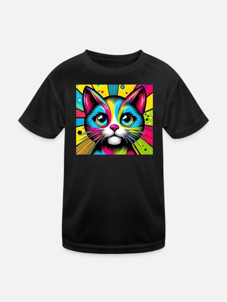 Katze Pop Art - Kinder Funktions-T-Shirt - Schwarz - Vorne
