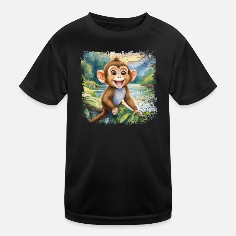 Cute young monkey, cheerful by the river Kids Functional T-Shirt