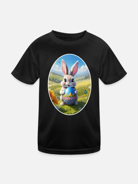 Osterhase mit Ei, Oval - Kinder Funktions-T-Shirt - Schwarz - Vorne