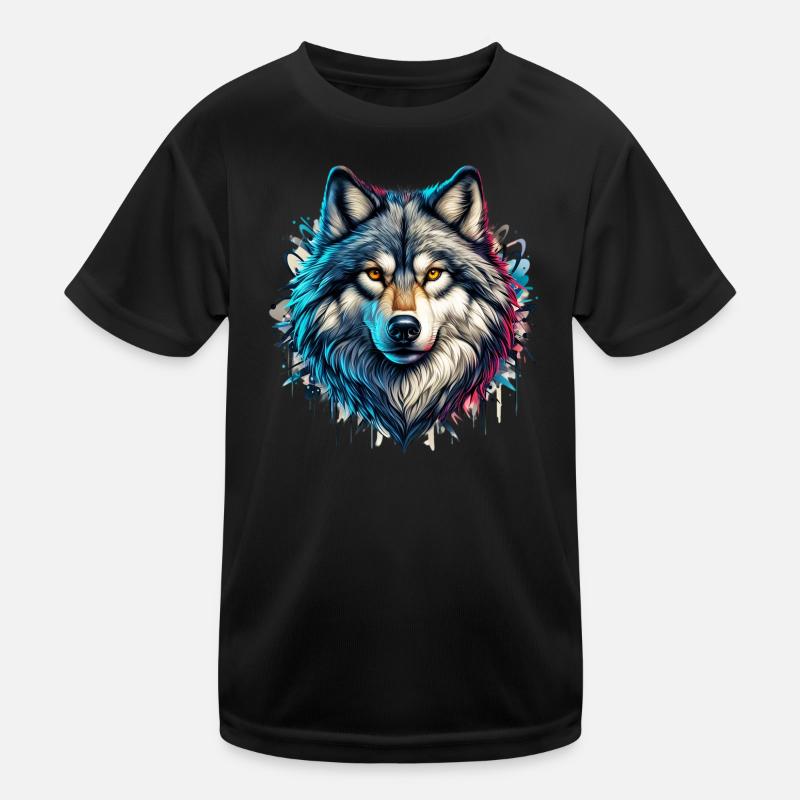 Wolf - Kinder Funktions-T-Shirt - Schwarz