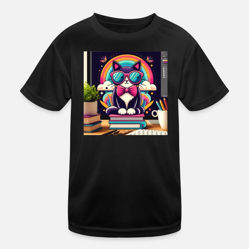 Fleißige Katze mit Brille Kinder Funktions-T-Shirt