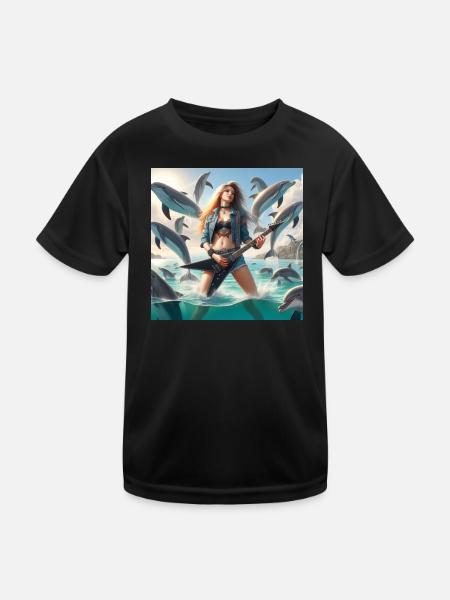 Metal-Gitarrist unter Delfinen - Kinder Funktions-T-Shirt - Schwarz