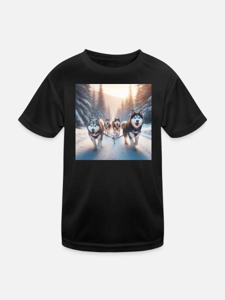 Huskys auf einem Schlitten - Kinder Funktions-T-Shirt - Schwarz - Vorne