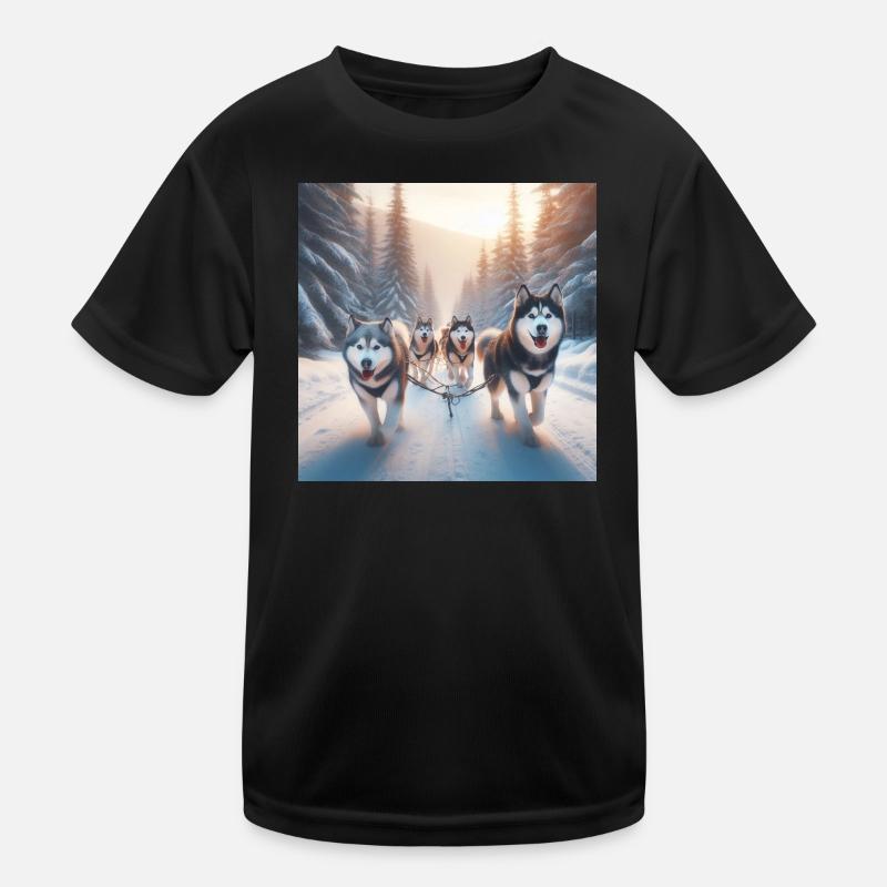Huskys auf einem Schlitten Kinder Funktions-T-Shirt