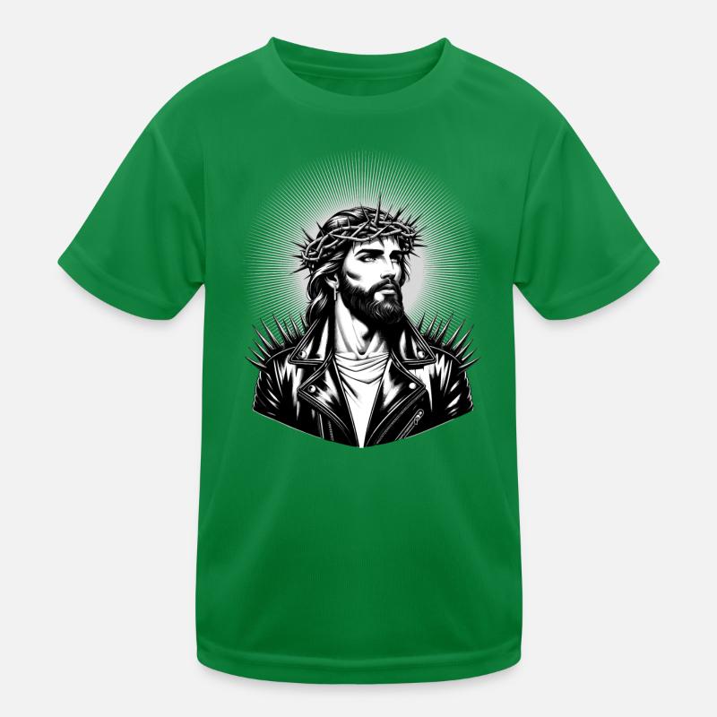 Jesus Christ with stylish hairstyle & leather jacket Kids Functional T-Shirt