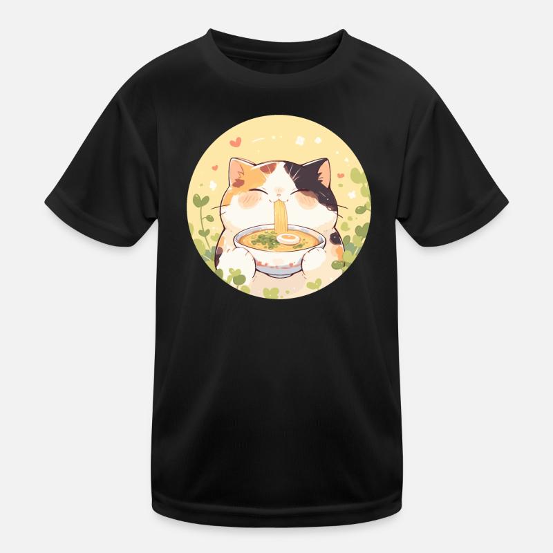 Cat eating Ramen - Kids Functional T-Shirt - black