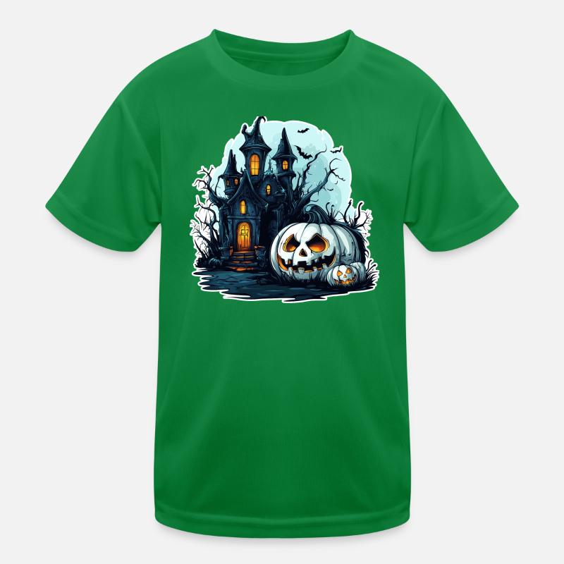 Haunted house with glowing pumpkins Kids Functional T-Shirt