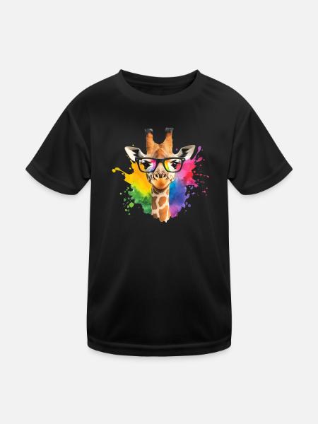 Colorful Giraffe with Glasses and Rainbow Splash - Kids Functional T-Shirt - black