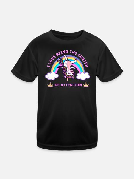 Unicorn Ich liebe es, im Mittelpunkt der Aufmerksamkeit zu stehen - Kinder Funktions-T-Shirt - Schwarz - Vorne