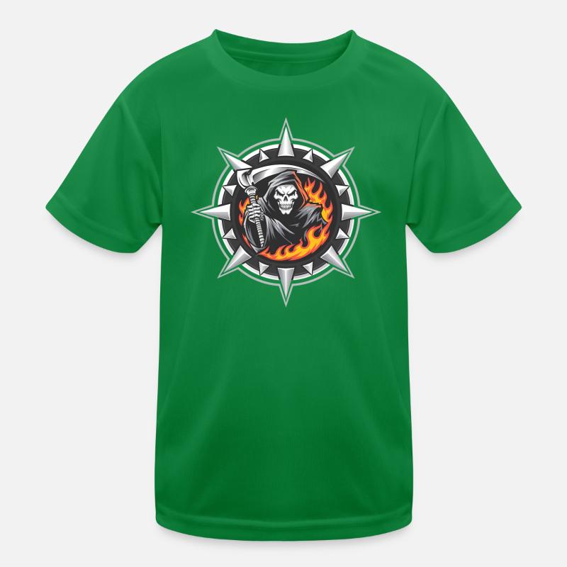 Flaming Reaper on Spiked Crest Kids Functional T-Shirt