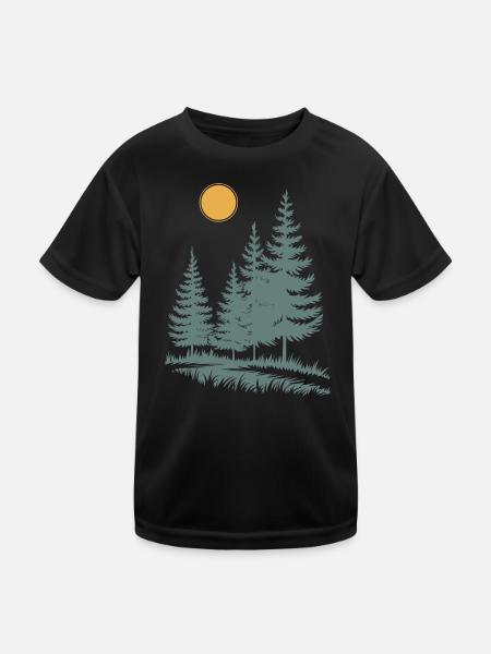 Sonnenbeschienene Kiefern-Silhouette - Kinder Funktions-T-Shirt - Schwarz - Vorne
